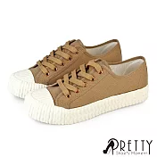 【Pretty】女 帆布鞋 休閒鞋 餅乾鞋 貝殼鞋 奶油頭 綁帶 復古 台灣製 JP23 卡其色