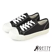 【Pretty】女 帆布鞋 休閒鞋 餅乾鞋 貝殼鞋 奶油頭 綁帶 復古 台灣製 JP23 黑色