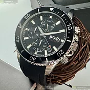 BOSS伯斯精品錶,編號：HB1513912,46mm圓形黑精鋼錶殼黑色錶盤矽膠深黑色錶帶