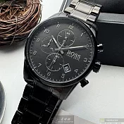 BOSS伯斯精品錶,編號：HB1513785,44mm圓形黑精鋼錶殼黑色錶盤精鋼深黑色錶帶