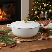 Le Creuset 典藏媽咪鑄鐵鍋 26cm 4.1L 法國製 媽咪鍋 (電磁爐 IH爐可用) 歡樂耶誕系列 棉花白 金頭