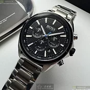 BOSS伯斯精品錶,編號：HB1513857,46mm圓形銀精鋼錶殼黑色錶盤精鋼銀色錶帶