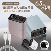 Wephone 極致美學 65W氮化鎵Gan 智能顯示三孔快速充電器+USB to Type-C 耐拉編織充電線(100CM) 夜幕黑+線
