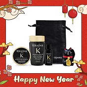 KERASTASE 卡詩 黑鑽極萃逆時奢寵體驗限定組合[髮浴(80ml)+髮膜(75ml)+香氛露(15ml)+招財貓擺飾]附品牌束口袋-國際航空版