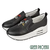 【GREEN PHOENIX】女 休閒鞋 氣墊鞋 懶人鞋 厚底 水鑽 彈力 紓壓 輕量 彩鑽 EU35 黑色