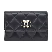 CHANEL 簍空金屬LOGO菱格紋小羊皮翻蓋卡片夾- 黑