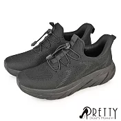 【Pretty】男 運動鞋 休閒鞋 健走鞋 輕量 透氣 厚底 彈力束帶 EU40 全黑色