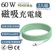 2入組 蘋果60W快充 Type-C to Type-C編織充電線1m（耐用編織數據快充線 多色傳輸線 保固1年） 青綠/1m