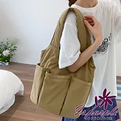 【iSPurple】日韓百搭 多口袋尼龍鋪棉單肩托特包/卡其 卡其