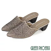 【GREEN PHOENIX】女 穆勒鞋 拖鞋 跟鞋 尖頭 粗跟 中跟 水鑽 透膚 鏤空 紗網 EU36 卡其色