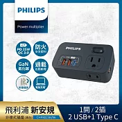 PHILIPS飛利浦 一開二 35W 2A+1C PD+QC3.0多功能壁插轉接器 CHP8023-2色可選(附加USB充電座) 黑色