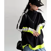 日本Antiqua｜寬鬆立領長袖｜線條配色針織｜亮眼不沉悶｜正反兩面雙層針織｜精緻親膚｜雙提花織法和時髦線條 FREE 螢光黑