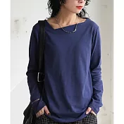 日本Antiqua｜微露鎖骨斜領｜長袖T恤｜全棉舒適俐落臉部線條｜實穿包色基本款 L 海軍藍