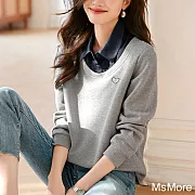 【MsMore】 休閒時髦感翻領假兩件拼接撞色長袖短版上衣# 120751 M 灰色