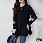 【初色】圓領盤釦花朵刺繡燈籠袖長袖T恤上衣女上衣-黑色-32816(L-2XL可選) L 黑色