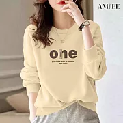 【AMIEE】洋氣減齡棉質大學T圓領上衣(KDTQ-417) M 杏色
