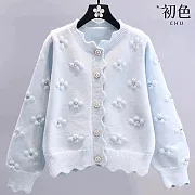 【初色】純色立體釘珠花朵裝飾花邊領長袖排釦針織衫上衣女上衣-共3色-17233(F可選) F 藍色