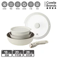 【美國康寧WORLD KITCHEN】 鑄造鈦無印可拆式手柄不沾鍋具六件組 (18cm湯鍋/18cm PP保鮮蓋/20cm平煎/26cm深煎/26cm鍋蓋)