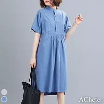 【ACheter】自然風時尚藝術純色棉麻寬鬆洋裝#108888─ F 藍