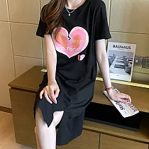 【MsMore】韓國少女團居家休閒愛心印花T恤洋裝#109860─ L 黑
