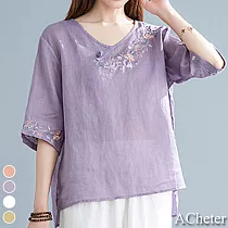 【ACheter】盤扣美人刺繡寬鬆棉麻上衣#109879─ M 紫
