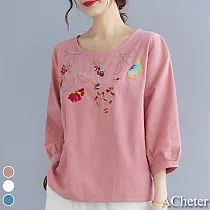 【ACheter】玲瓏花刺繡棉麻七分袖寬鬆上衣#110134─ 2XL 藕色