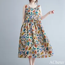 【ACheter】 仲夏大碼碎花收腰遮肚棉麻洋裝# 112212 XL 彩色