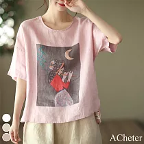 【ACheter】 吹笛女郎畫風棉麻印花上衣# 113018 XL 粉紅色