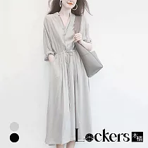 【Lockers 木櫃】夏季收腰束帶V領連身裙 L111062706 M 灰色M