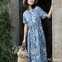 【ACheter】 古都短袖涼感棉麻系帶洋裝# 113206 M 花紋