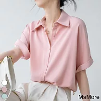 【MsMore】 知性涼感絲質短版短袖襯衫上衣#113304 XL 粉紅色