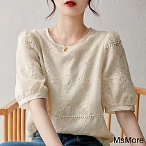 【MsMore】 優雅立體刺繡鏤空短袖熱銷上衣# 113312 L 米白色