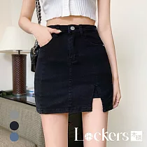 【Lockers 木櫃】夏季港風小開衩牛仔短裙 L111080803 M 黑色