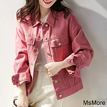 【MsMore】 韓版粉色寬鬆百搭長袖高棉牛仔短版外套# 113594 L 玫紅色