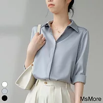 【MsMore】 緞面長袖百搭暗門襟垂感輕熟女OL中長版寬鬆襯衫上衣# 113803 XL 藍色
