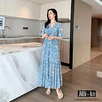 【Jilli~ko】V領海藍碎花縮腰顯瘦花瓣袖連衣裙 J9990 FREE 淺藍色