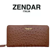【ZENDAR】台灣總代理 限量1折 頂級小羊皮鴕鳥紋拉鍊皮夾 凱莉系列 全新專櫃展示品 咖啡色