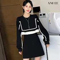 【AMIEE】時尚撞色假兩件連身洋裝(KDDQ─367) M 黑白撞色