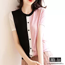 【Jilli~ko】氣質撞色薄款拼接寬鬆開扣針織衫 J10263 FREE 粉紅色