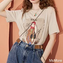 【MsMore】 妖精的正肩顯瘦印花短袖t恤圓領寬鬆休閒百搭短版上衣# 116871 M 杏色