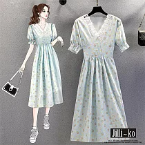 【Jilli~ko】蕾絲V領鄉村碎花收腰顯瘦短袖連衣裙 J10605 FREE 淺藍色