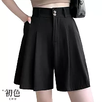 【初色】休閒素色百褶鬆緊高腰收腹西裝闊腿短褲─共2色─67824(M─2XL可選) L 黑色