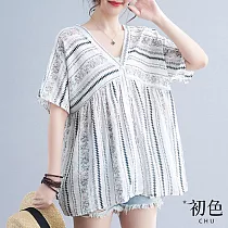 【初色】V領大碼棉麻風寬鬆休閒T恤短袖上衣─共2色─67918(F可選) F 白色