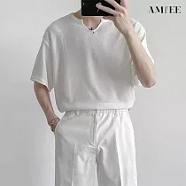 【AMIEE】慵懶風華夫格純色短袖長袖T恤(男裝/KDTY─T107S短袖/KDTY─T107M長袖) S 白色短袖