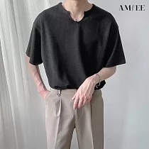 【AMIEE】慵懶風華夫格純色短袖長袖T恤(男裝/KDTY─T107S短袖/KDTY─T107M長袖) M 黑色短袖