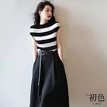 【初色】條紋圓領T恤上衣+高腰半身裙套裝─黑色─67078(M─2XL可選) XL 黑色