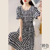 【初色】圓領泡泡袖千鳥格印花連身洋裝─花色─67108(M─XL可選) M 花色