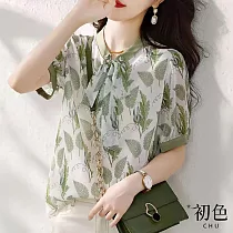 【初色】樹葉印花系帶領拼接雪紡衫上衣─花色─67408(M─2XL可選) 2XL 花色
