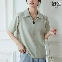【初色】鈕扣裝飾翻領口袋設計襯衫上衣─共2色─67355(M─XL可選) L 淺綠