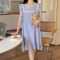 O─ni O─ni舒適透氣雙層棉紗法式荷葉袖洋裝家居服/睡裙/睡衣_JZ─8801 L 藍色